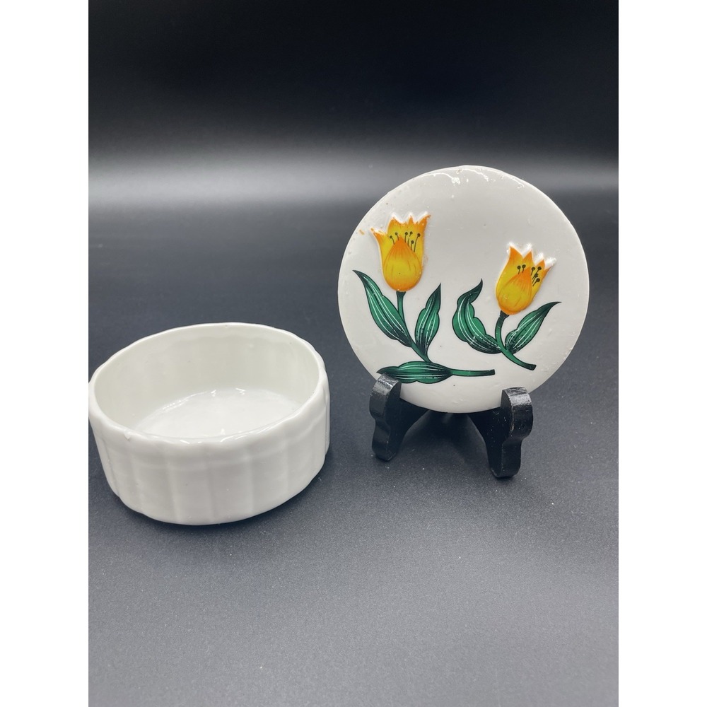 Vintage Hand-Painted Porcelain Trinket Box With Yellow Tulips Porcelain Taiwan